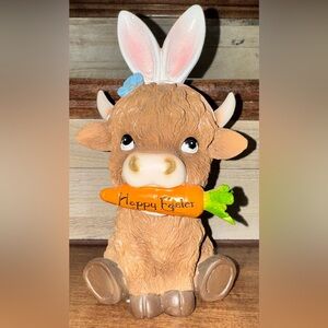 Super Cute 🥰 9” HAPPY EASTER Highland Cow W/ Bunny Ears & Carrot Decor Figurine